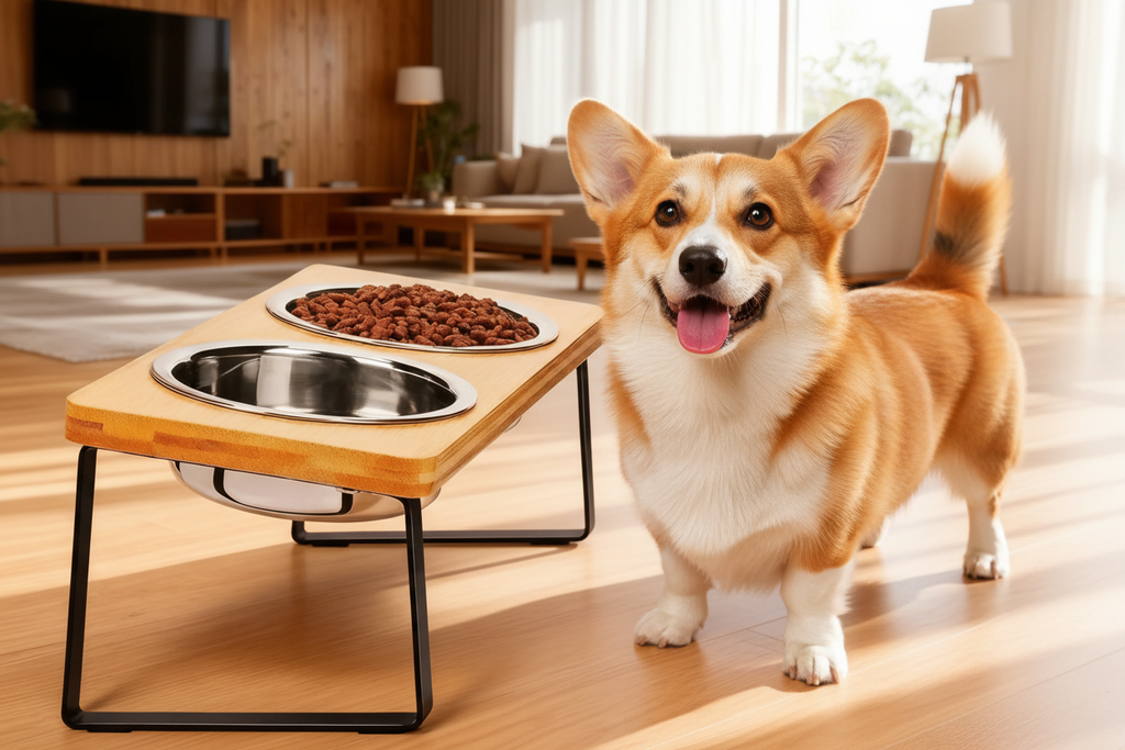 Elevated Cat Bowl Wooden Stand with Happy Corgi