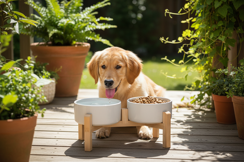 Elevated Ceramic Bamboo Stand Pet Bowl - Outdoor Lifestyle