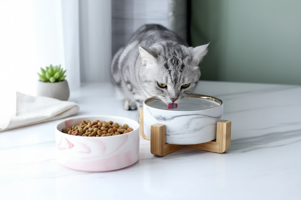 Marbling Cat Ceramics Bowl with Wood Stand